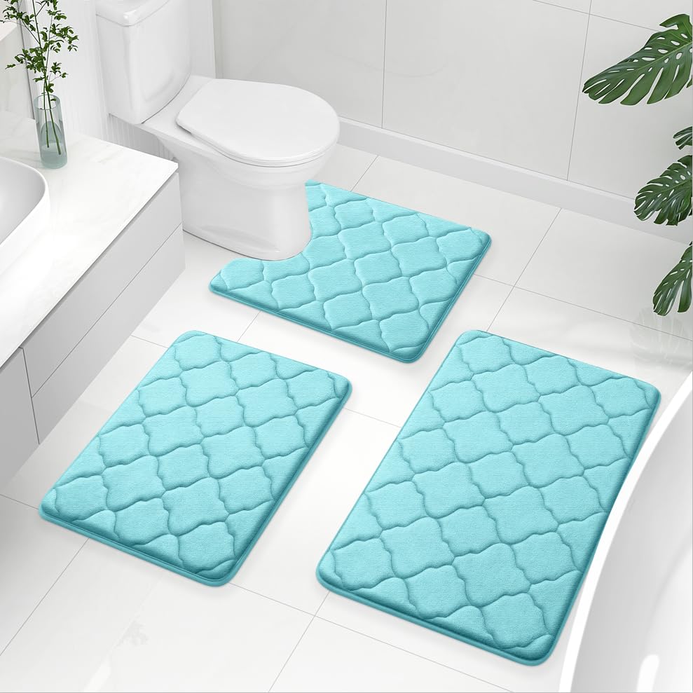 OLANLY Memory Foam Bath Mat Set of 3 Piece, Bathroom Rugs and Toilet Rug U-Shaped, Ultra Soft and Absorbent, Comfortable, Non-Slip, Machine Washable, Shower and Home Decor Accessories, Peacock Blue
