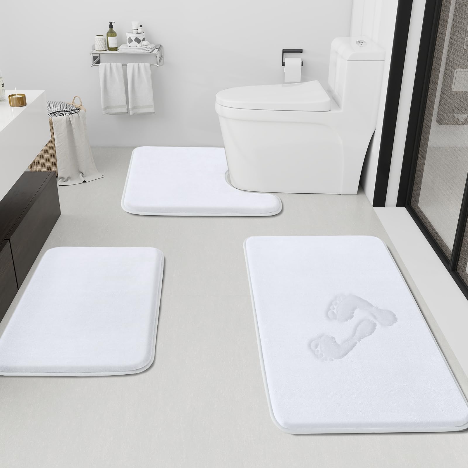 HUXMEYSON Bathroom Rugs Sets 3 Piece, Non-Slip & Quick Dry Bath Mat Set, Ultra Soft Velvet Bath Rugs for Bathroom, Toilet and Shower Floor, Grey Green