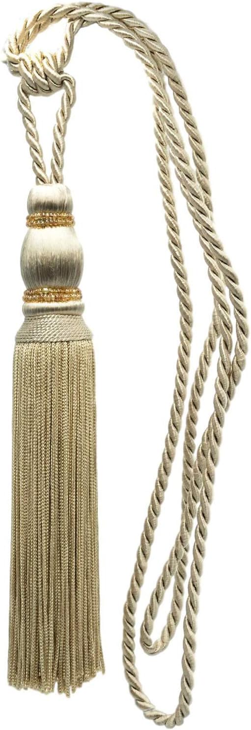 DÉCOPRO Contemporary Small Beaded Tassel Tieback with elaborately Handcrafted Seed Bead Design Tassel Length 7 1/2" (19cm) 27" Spread (68.5cm) # TBC075 Tan Beige #814 (Light Tan Beige) Pack of 4