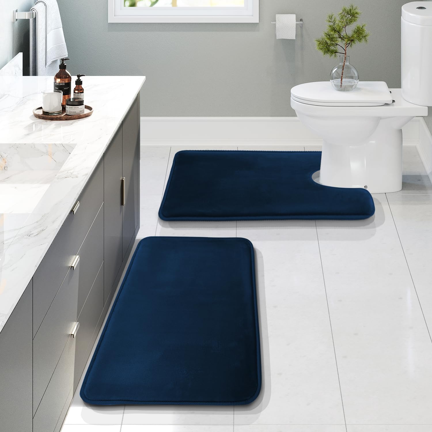 Clara Clark 3 Piece Bathroom Rugs Bath Mat Set, Velvet Memory Foam Bath Mats for Bathroom - Non-Slip, PVC Backing Bath Rugs, Washable - Dries Quickly, Grey
