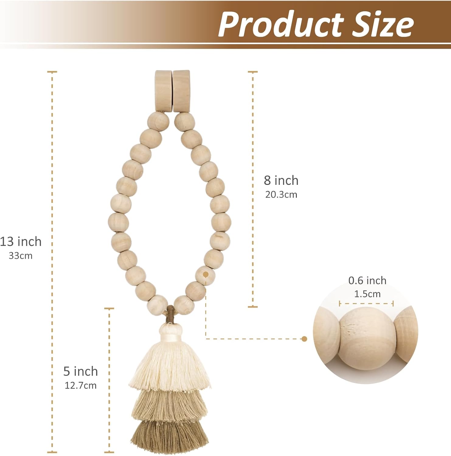 No Drill Curtain Tiebacks with Strong Magnetic Closure, Natural Wood Beads Boho Holdbacks with Triple Tassels for Living Room, Bedroom, Office Drapes,Set of 4,Beige Taupe Brown