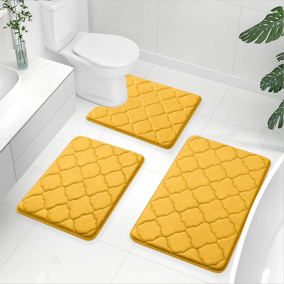 OLANLY Memory Foam Bath Mat Set of 3 Piece, Bathroom Rugs and Toilet Rug U-Shaped, Ultra Soft and Absorbent, Comfortable, Non-Slip, Machine Washable, Shower and Home Decor Accessories, Peacock Blue