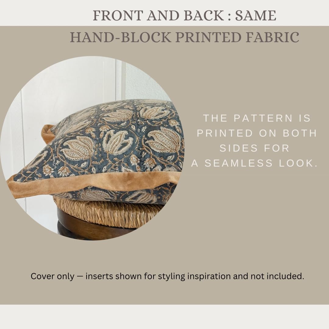 Palm & Loom 100% Cotton Linen Cushion Cover - Aira Decorative Throw Pillow Case with Camel & Blue print with flange - Modern Traditional Living Room, Bedroom Pillow Cover (Tana, 20" x 20" (Pack of 1))