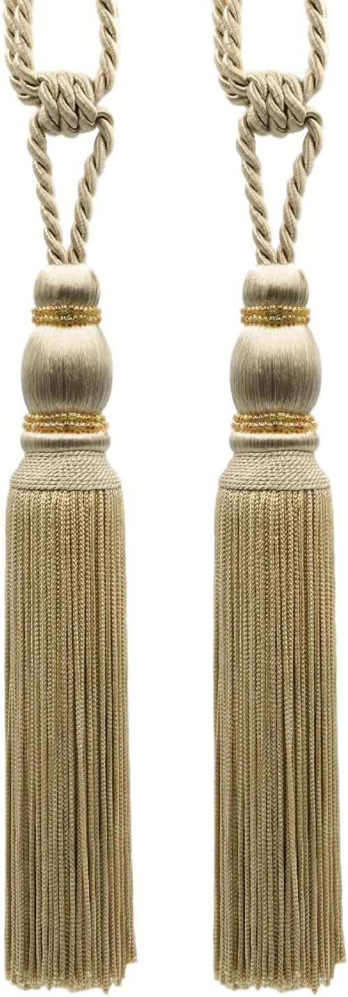 DÉCOPRO Contemporary Small Beaded Tassel Tieback with elaborately Handcrafted Seed Bead Design Tassel Length 7 1/2" (19cm) 27" Spread (68.5cm) # TBC075 Tan Beige #814 (Light Tan Beige) Pack of 4