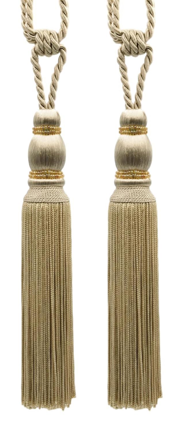 DÉCOPRO Contemporary Small Beaded Tassel Tieback with elaborately Handcrafted Seed Bead Design Tassel Length 7 1/2" (19cm) 27" Spread (68.5cm) # TBC075 Tan Beige #814 (Light Tan Beige) Pack of 4