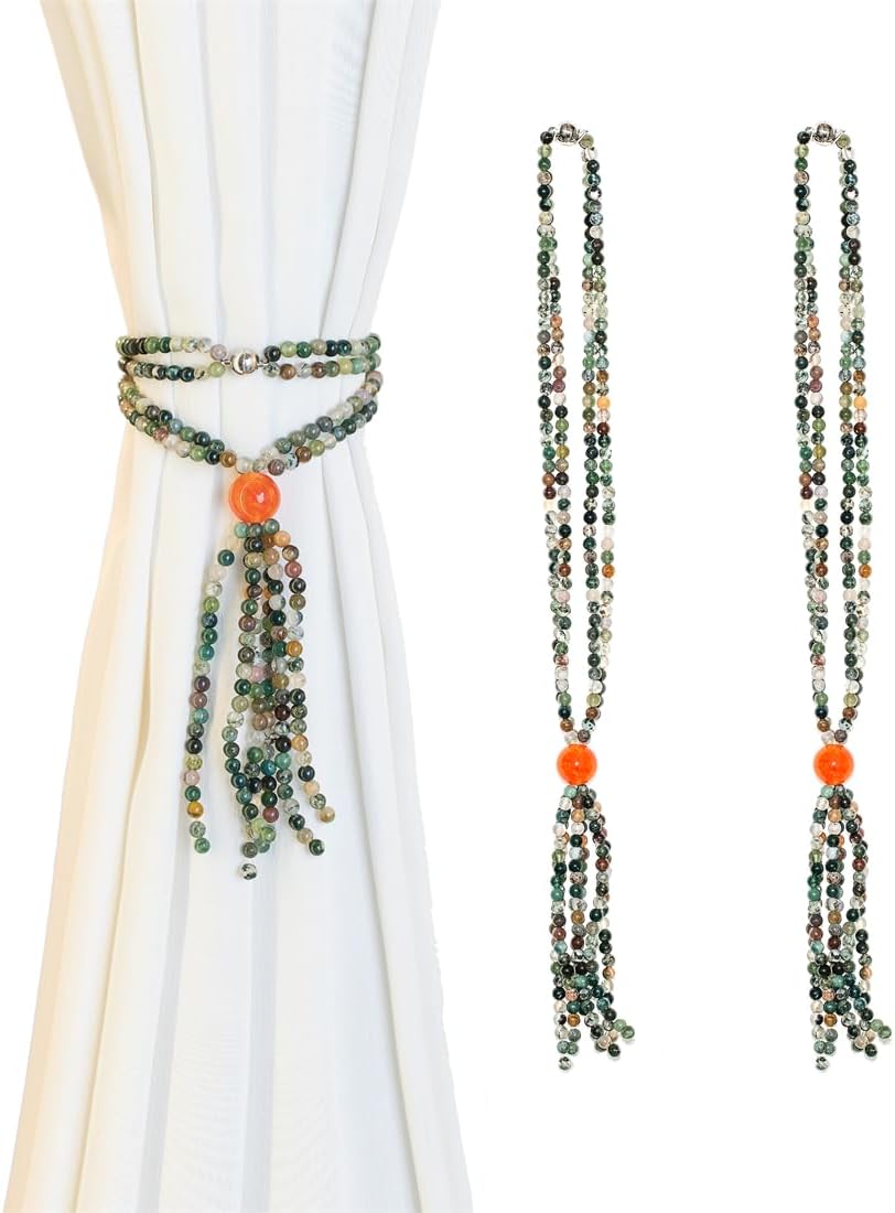 Magnetic Curtain Tiebacks,2 Pack Colorful Agate Tassel Curtain Drapery Holdbacks, Boho Curtain Ties for Home Office Decorative (Indian Agate)