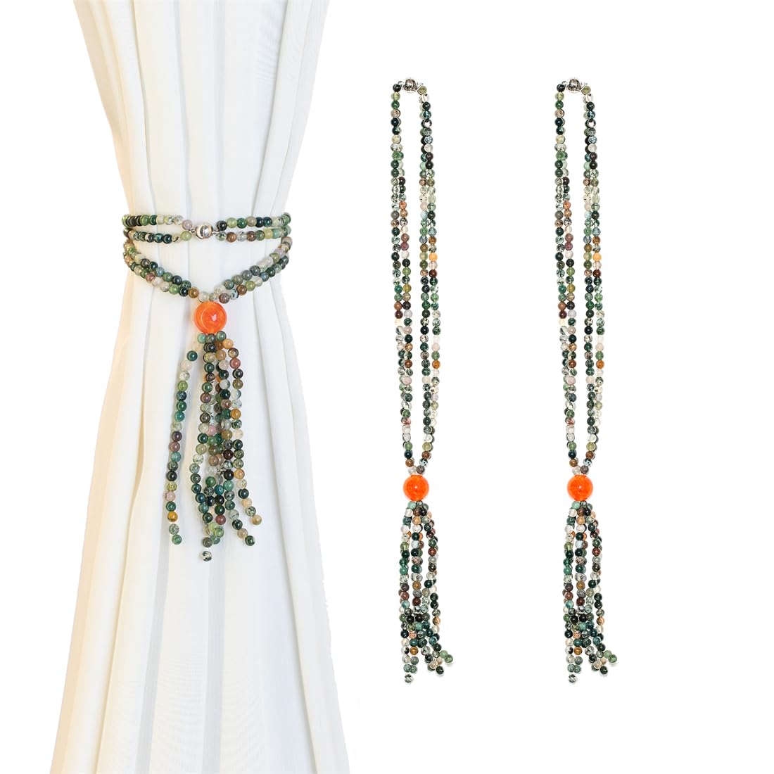 Magnetic Curtain Tiebacks,2 Pack Colorful Agate Tassel Curtain Drapery Holdbacks, Boho Curtain Ties for Home Office Decorative (Indian Agate)