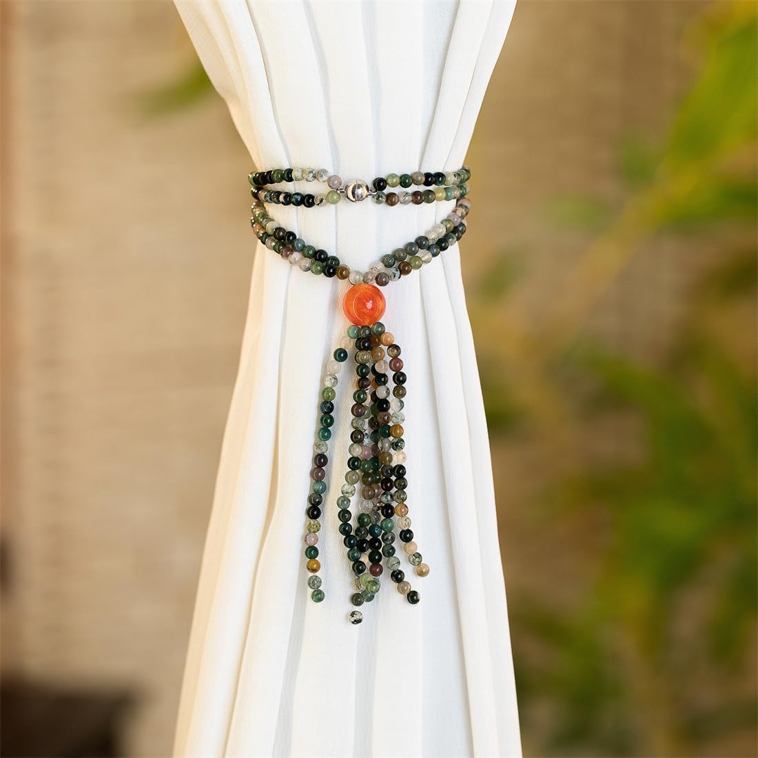 Magnetic Curtain Tiebacks,2 Pack Colorful Agate Tassel Curtain Drapery Holdbacks, Boho Curtain Ties for Home Office Decorative (Indian Agate)