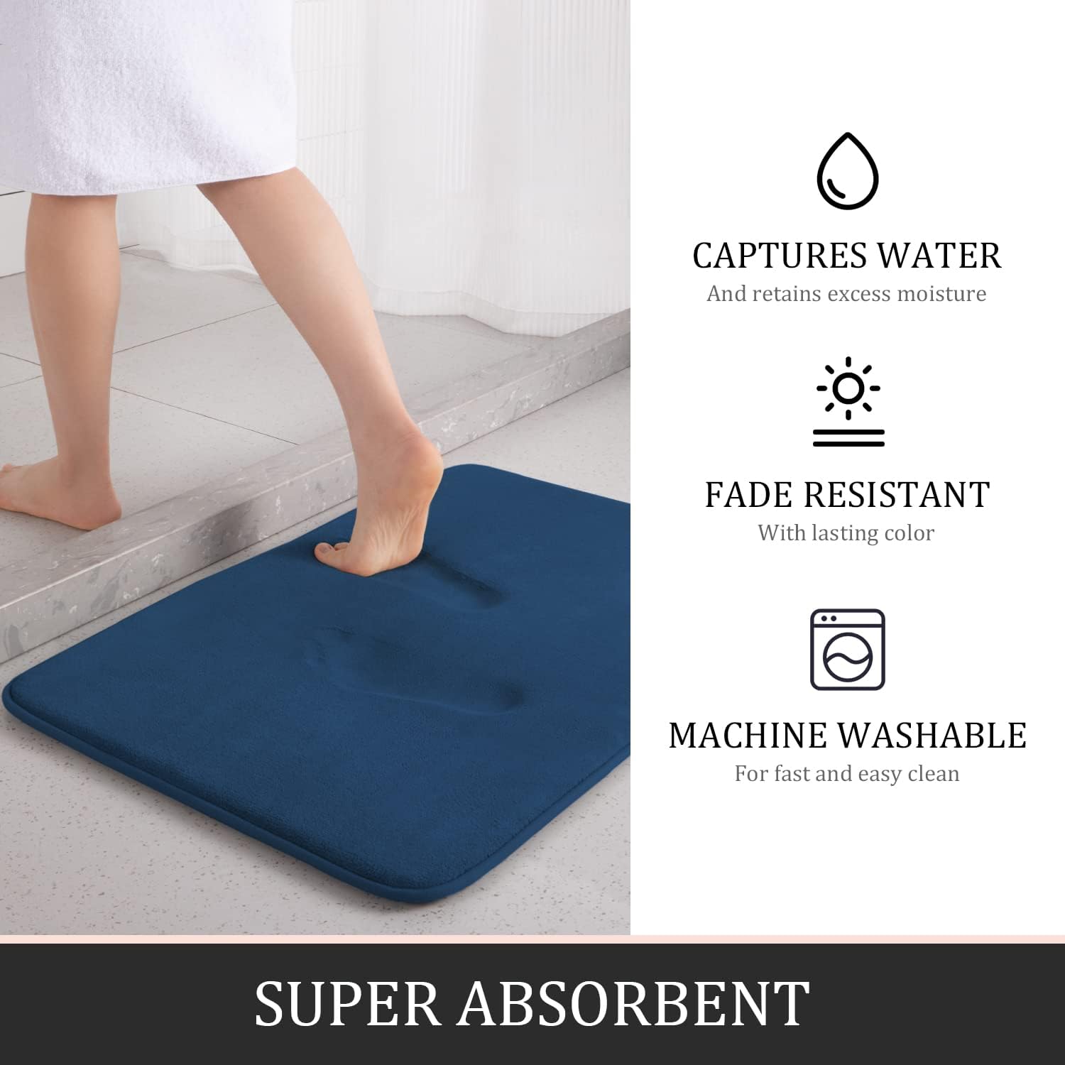 YIHOUSE Bathroom Rug Set 5 Piece, Memory Foam Bath Mat Set, Super Absorbent Bath Mats for Floor - Non-Slip & Washable Bathroom Rugs - Dry Quickly Bath Rugs, Dark Blue
