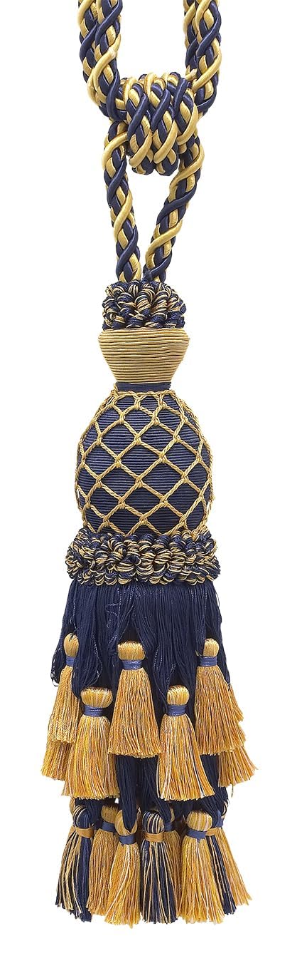 DÉCOPRO Lavish Large Curtain & Drapery, Hand Crafted Tassel Tieback, Tassel Length 11" (27.5cm), 34" (86cm) # TBIL1, Nautical Gold #1152 (Light Gold, Yellow Gold, Navy Blue) Set of 4