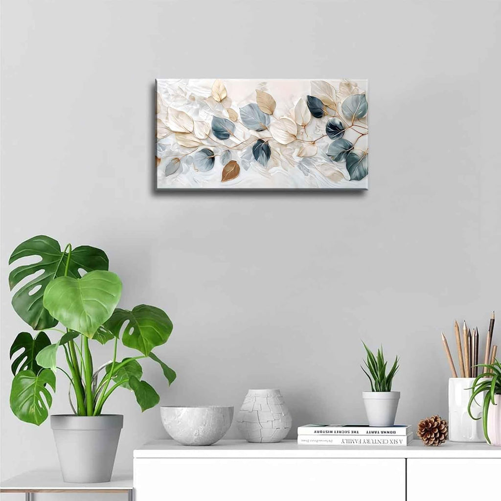 Large Living Eucalyptus Leaf Canvas Wall Art Teal White Botanical Abstract Decor painting Pictures Modern Nordic Plant Flowers Posters Prints for Bathroom Bedroom Office Hallway Home Decoration