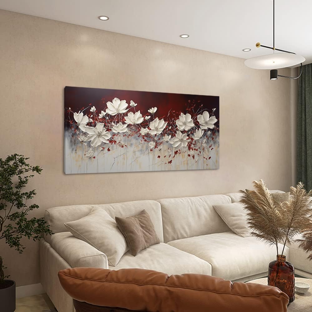 Lasdel Stretched Canvas Wall Art of White Flowers Plant Picture for Living Room Bedroom Home Decoration, Beautiful White and Red Premium Nature Print Artwork Painting Decor, Inner Frame 23x46 Inches