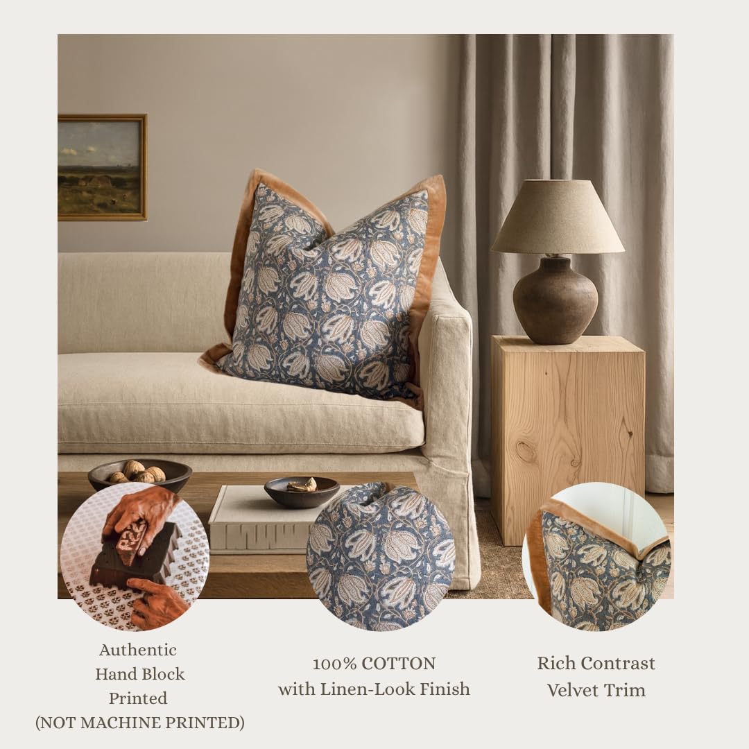 Palm & Loom 100% Cotton Linen Cushion Cover - Aira Decorative Throw Pillow Case with Camel & Blue print with flange - Modern Traditional Living Room, Bedroom Pillow Cover (Tana, 20" x 20" (Pack of 1))