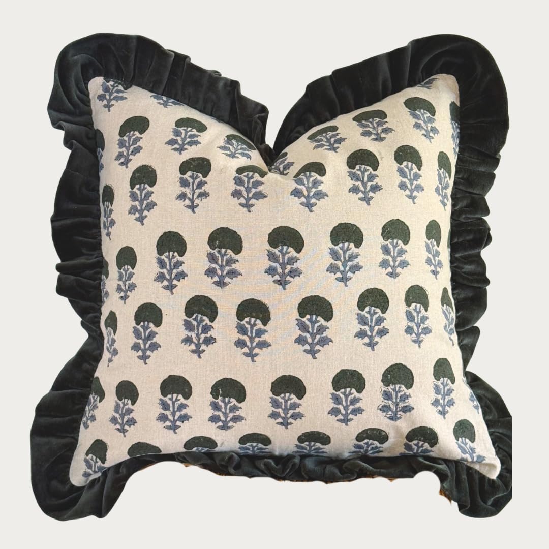 Palm & Loom 100% Cotton Linen Cushion Cover - Aira Decorative Throw Pillow Case with Camel & Blue print with flange - Modern Traditional Living Room, Bedroom Pillow Cover (Tana, 20" x 20" (Pack of 1))