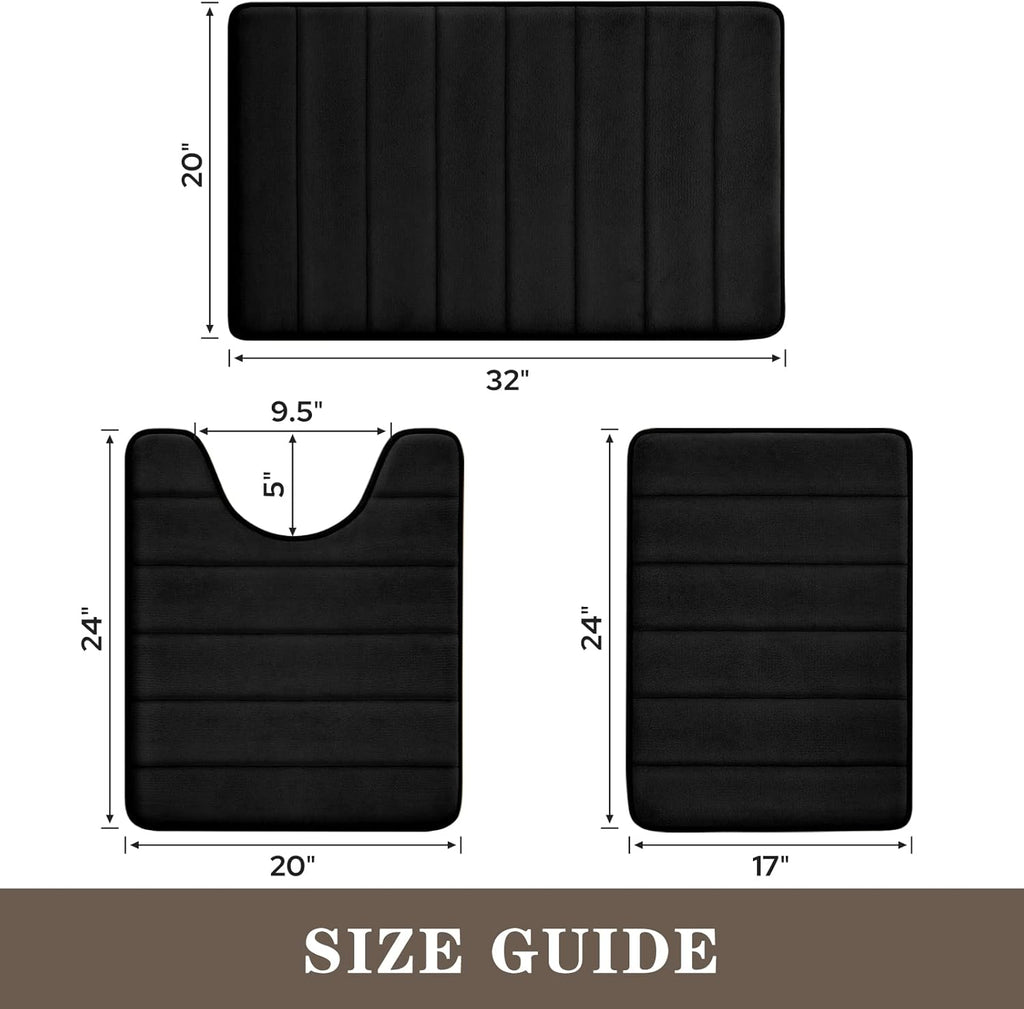 Black Memory Foam Bath Rug 3 Piece Set, Soft Absorbent Non-Slip & Washable