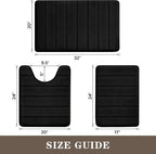 Black Memory Foam Bath Rug 3 Piece Set, Soft Absorbent Non-Slip & Washable