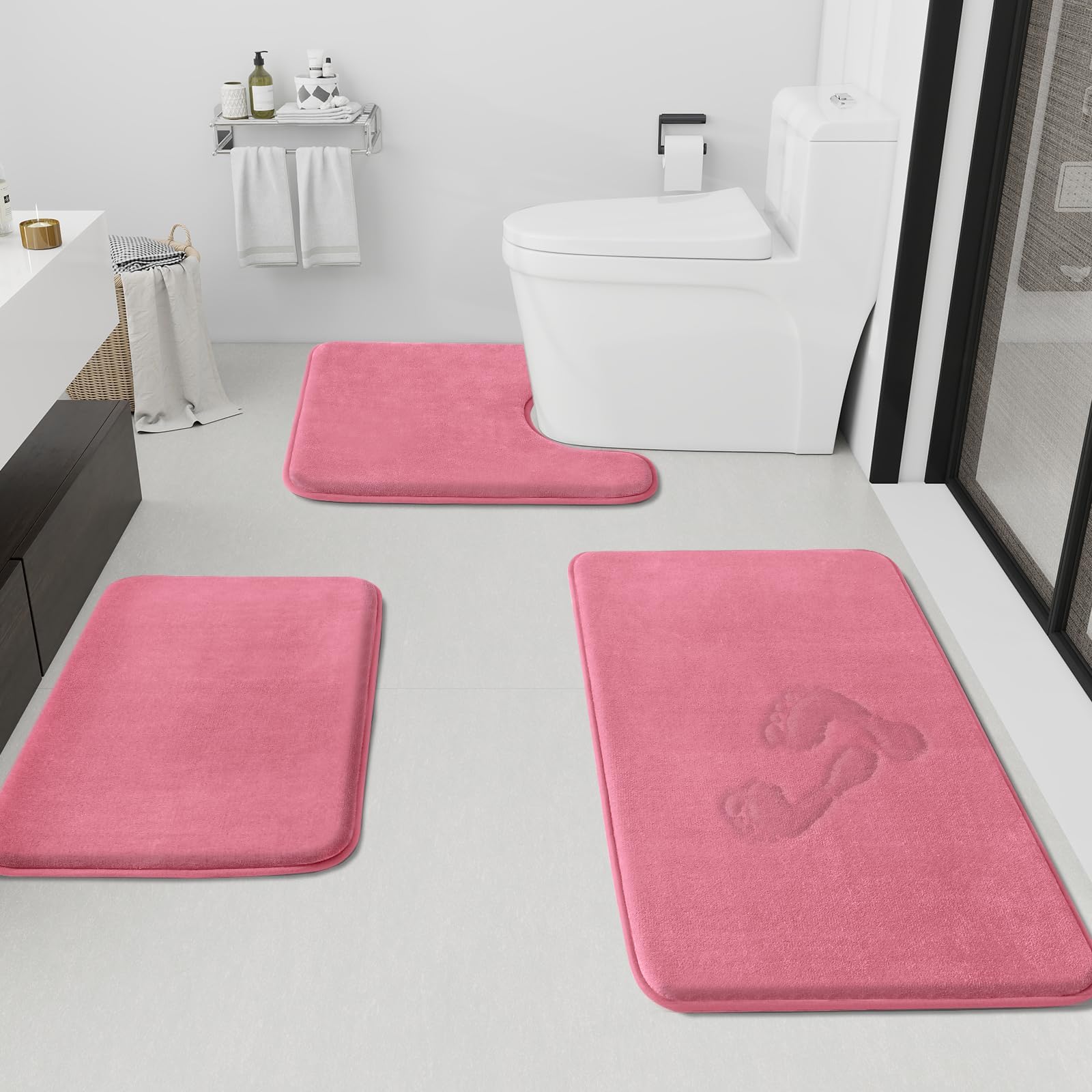 HUXMEYSON Bathroom Rugs Sets 3 Piece, Non-Slip & Quick Dry Bath Mat Set, Ultra Soft Velvet Bath Rugs for Bathroom, Toilet and Shower Floor, Grey Green