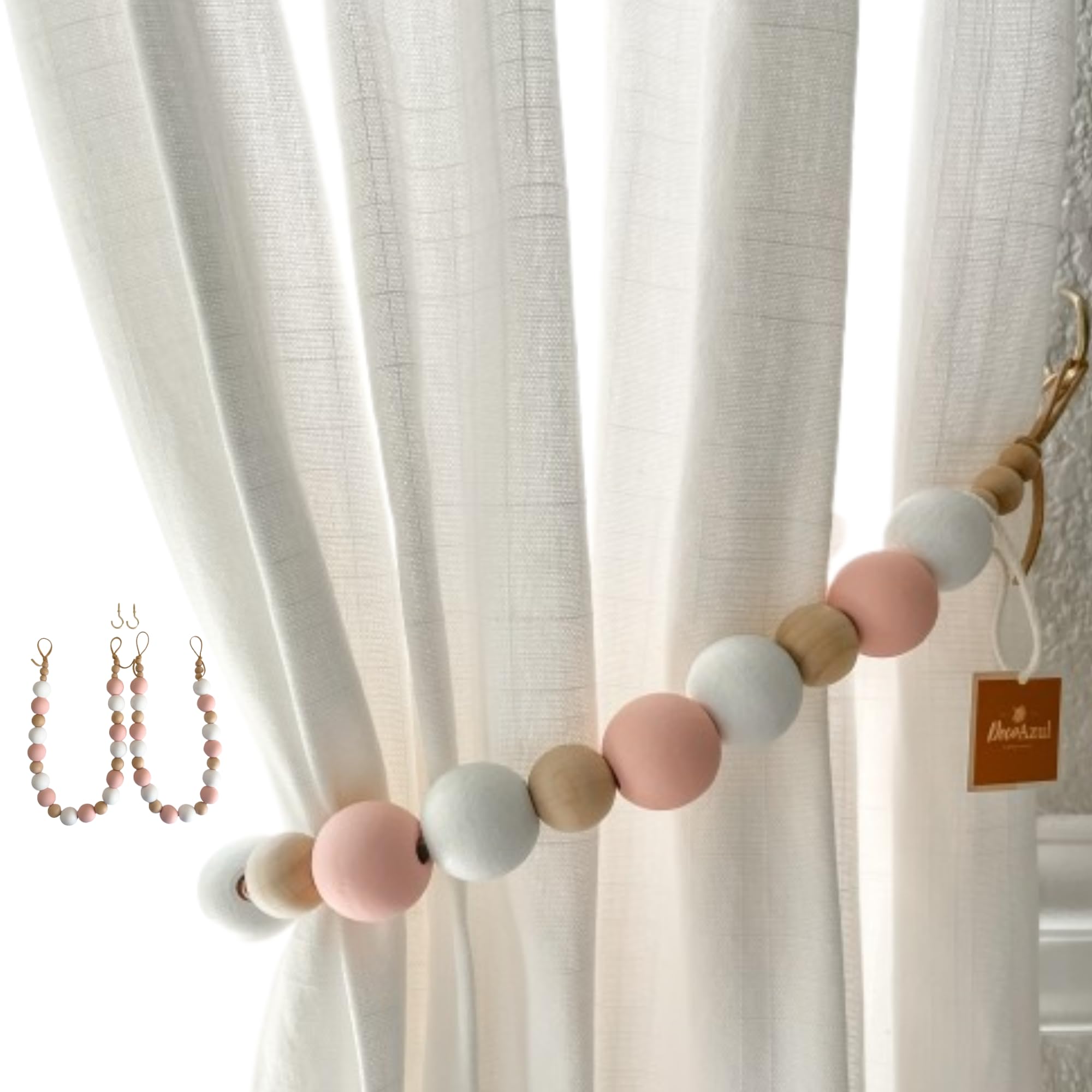 Deco Azul Curtain Tiebacks – Set of 2 Boho Wood Bead Holdbacks with Brass Hooks – Rustic Curtain Tie Backs for Drapes, Bedroom, Nursery, or Kitchen (22 Inches)