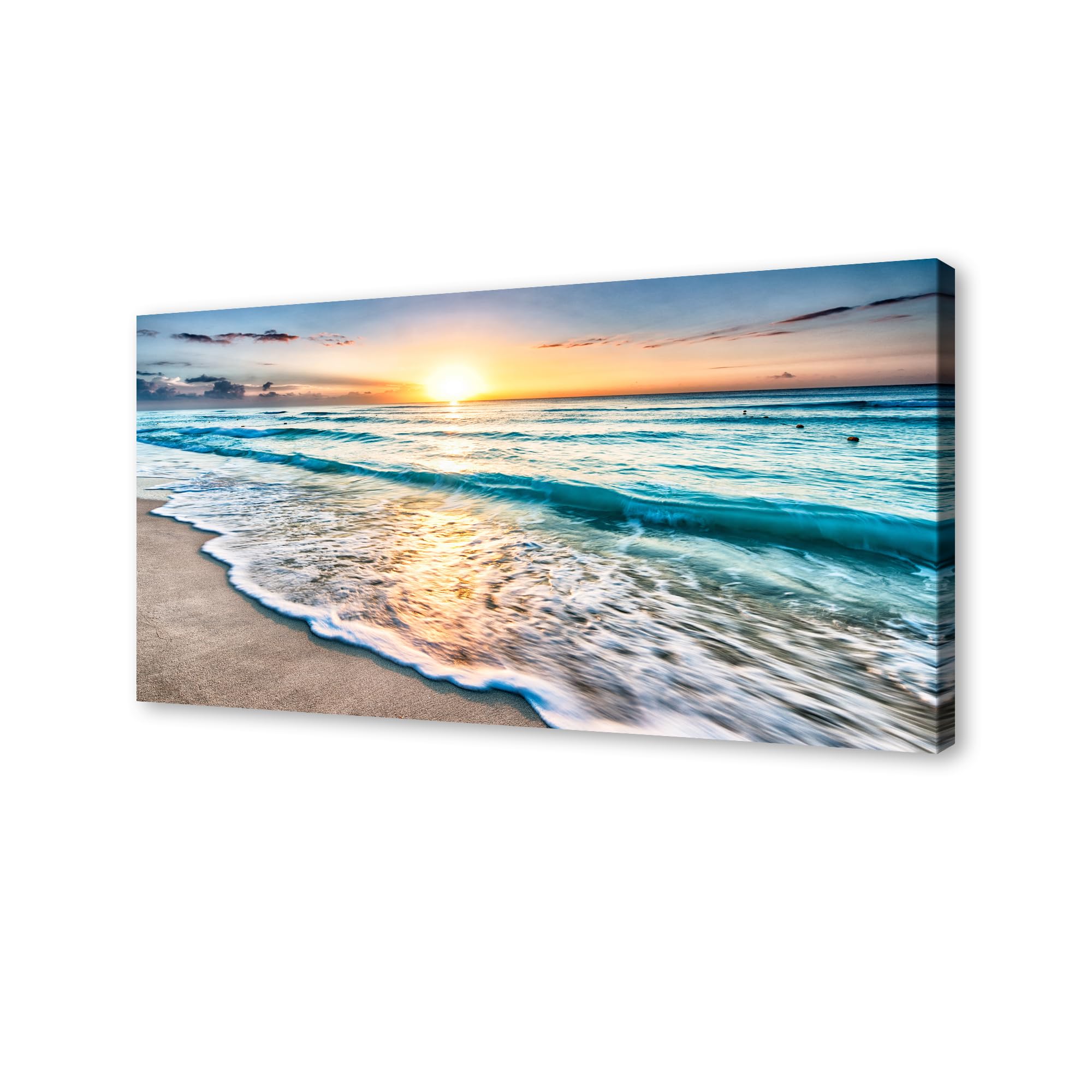 Baisuart S02250 Canvas Prints Wall Art Beach Sunset Ocean Waves Nature Pictures Stretched Canvas Wooden Framed for living Room Bedroom and Office