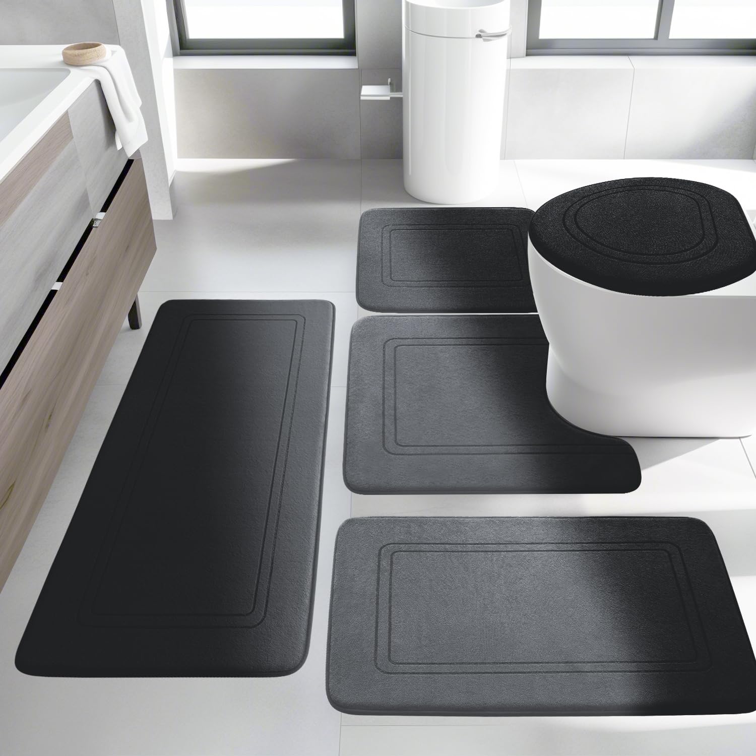 YIHOUSE Memory Foam Bath Mat Set, Bathroom Rugs Sets 3 Pieces, Non Slip Bath Mats for Bathroom, Super Soft and Water Absorbent Bath Rug Set, Machine Washable U Shape Toilet Rug,Beige