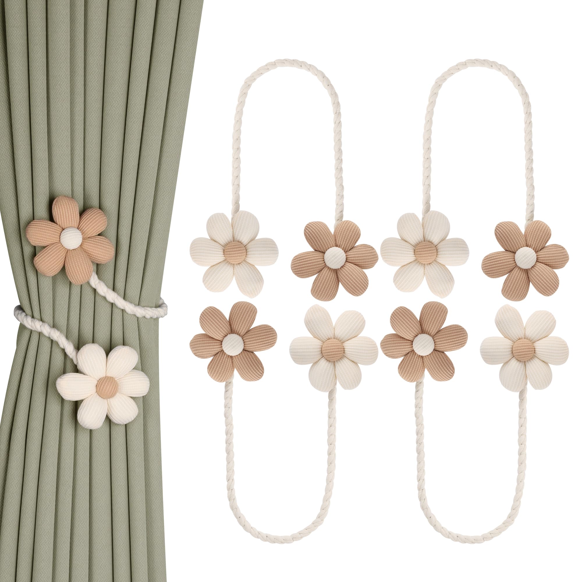 Meplait 6 Pack Flower Curtain Tiebacks Curtain Holdbacks, No Drill Boho Curtain Ties Handmade Cotton Linen Decorative Curtain Holders for Drapes (Beige & Khaki)