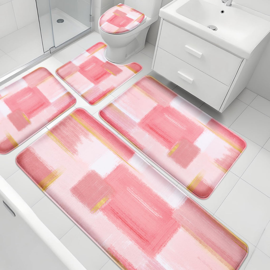 XLHOMO Orange Memory Foam Bathroom Rug Sets 5 Piece, Absorbent Non-Slip Bath Mat with Toilet Lid Cover for Bathroom, Extra Thick Water Absorbent Orange Bath Rugs for Tub, Toilet and Floor
