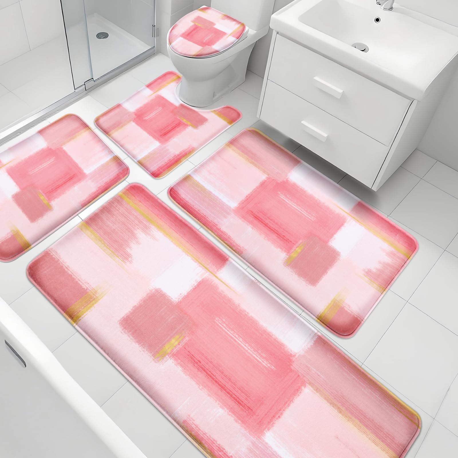 XLHOMO Orange Memory Foam Bathroom Rug Sets 5 Piece, Absorbent Non-Slip Bath Mat with Toilet Lid Cover for Bathroom, Extra Thick Water Absorbent Orange Bath Rugs for Tub, Toilet and Floor