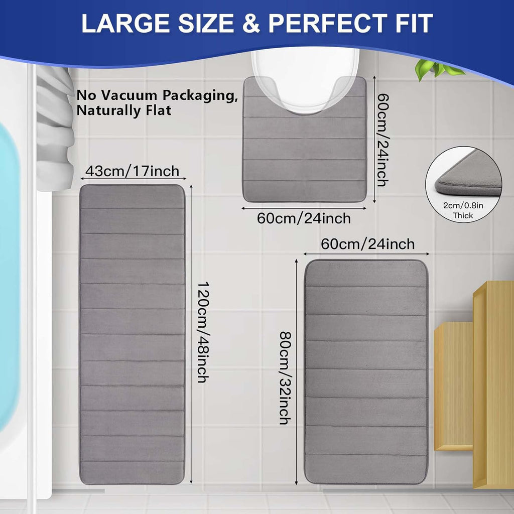 Memory Foam Bathroom Rugs Sets 3 Piece, Extra Thick Soft Absorbent Non Slip Upgraded, Washable Toilet Bath Mat Shower Carpet for Bedroom, Living Room (Grey, U Shape 24” X 24”+24” X 32”+17” X 48”)