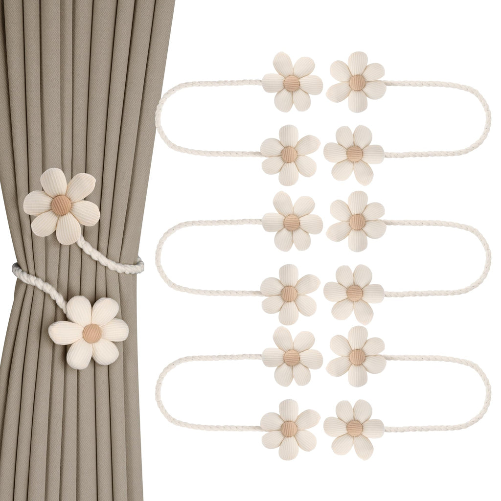 Meplait 6 Pack Flower Curtain Tiebacks Curtain Holdbacks, No Drill Boho Curtain Ties Handmade Cotton Linen Decorative Curtain Holders for Drapes (Beige & Khaki)