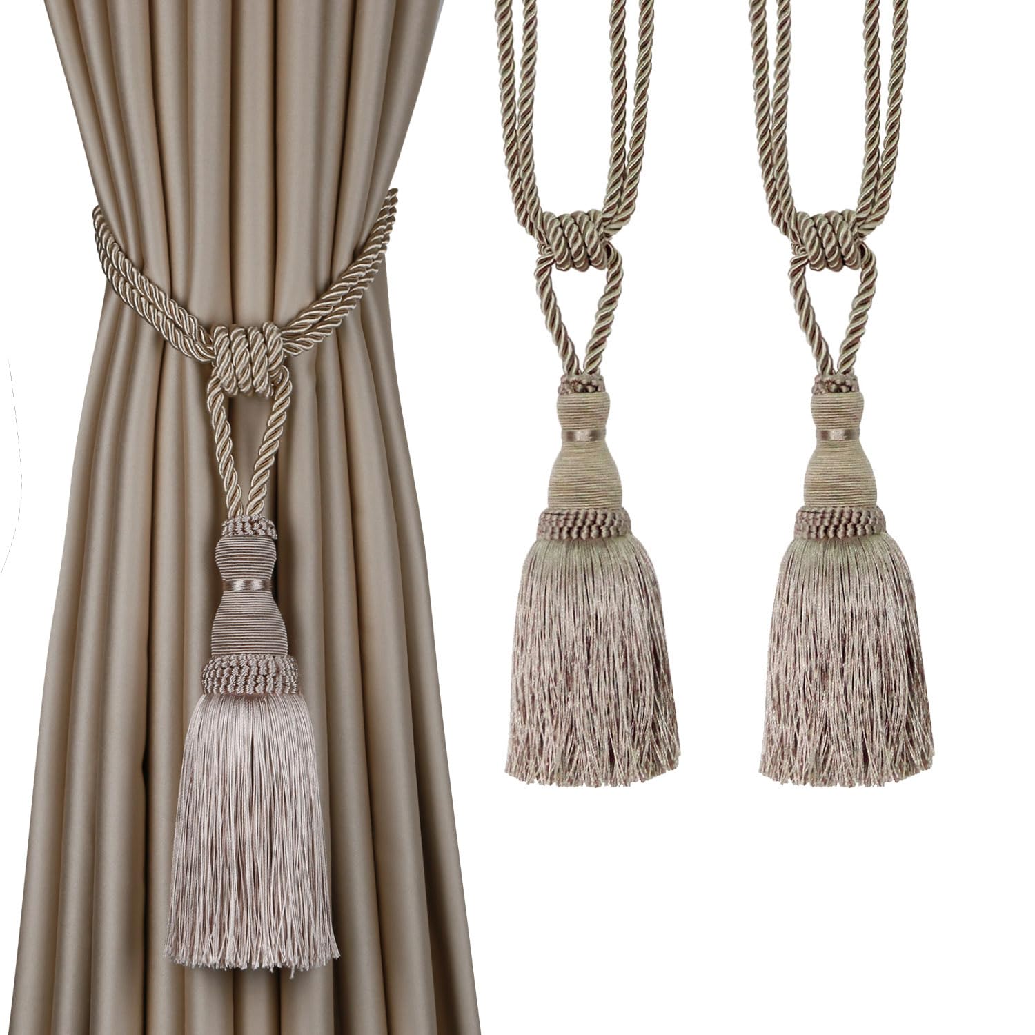 BEL AVENIR 2 Pack Curtain Tiebacks Tassel Drapery Tie-Backs Rope Handmade Holdbacks Home Office Hotel Decorative (Gold, 4 Pack)