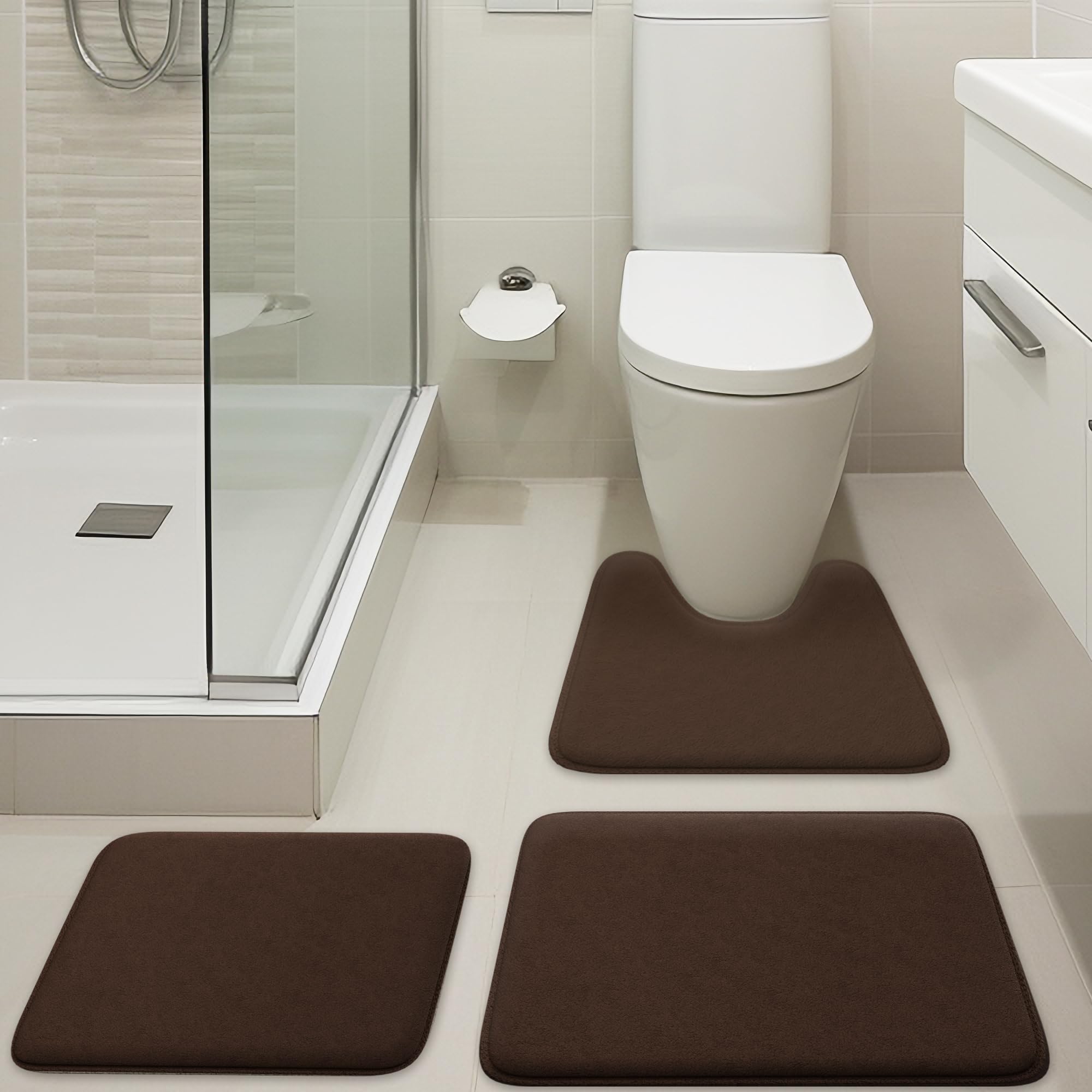 5-Piece Bathroom Rug Set - Memory Foam Bath Mats, Non-Slip, Ultra-Soft, Water Absorbent, Machine Washable Bathroom Rugs - Beige