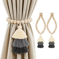 No Drill Curtain Tiebacks with Strong Magnetic Closure, Natural Wood Beads Boho Holdbacks with Triple Tassels for Living Room, Bedroom, Office Drapes,Set of 4,Beige Taupe Brown