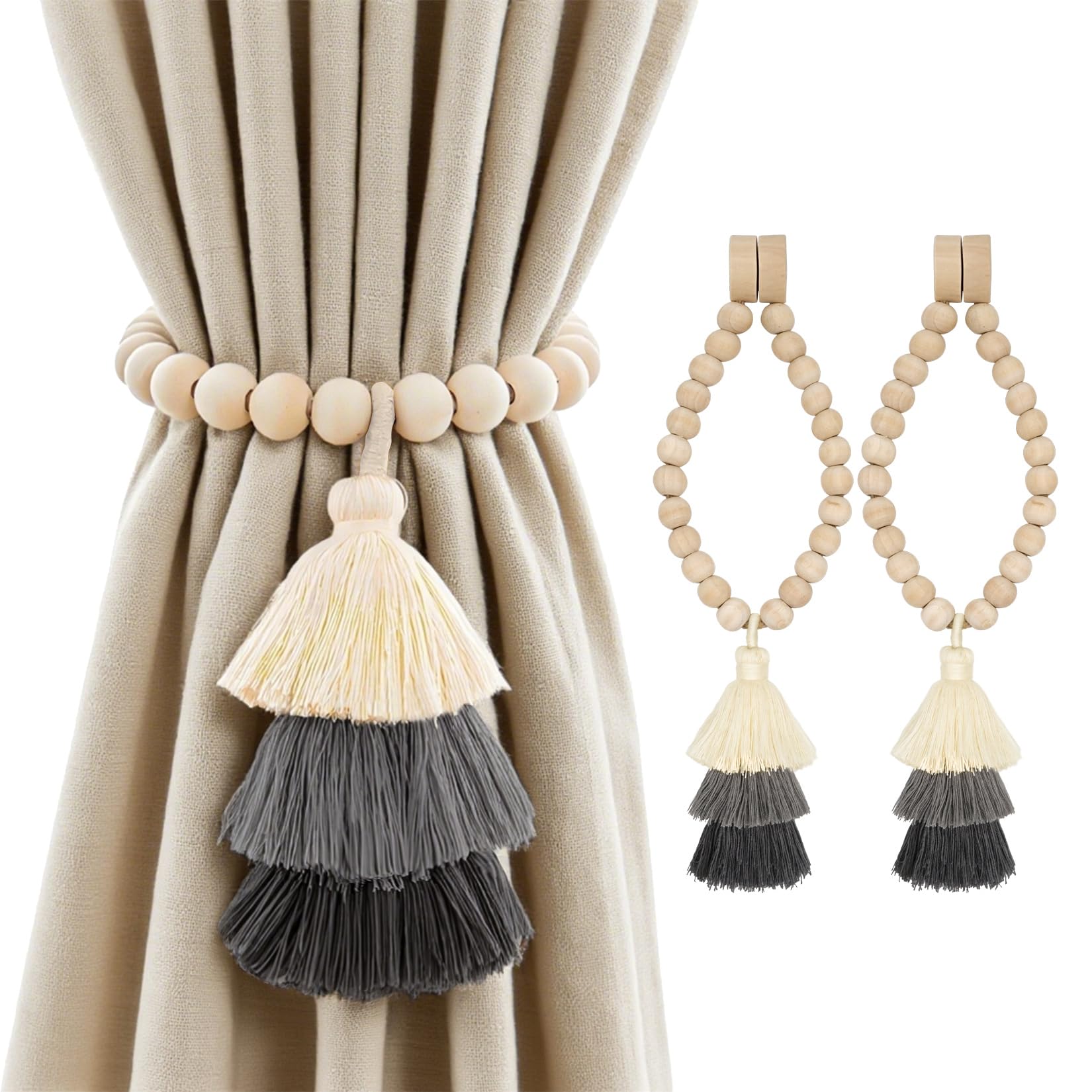 No Drill Curtain Tiebacks with Strong Magnetic Closure, Natural Wood Beads Boho Holdbacks with Triple Tassels for Living Room, Bedroom, Office Drapes,Set of 4,Beige Taupe Brown