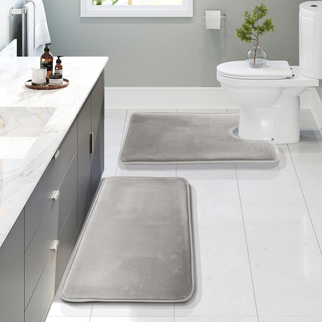 Clara Clark 3 Piece Bathroom Rugs Bath Mat Set, Velvet Memory Foam Bath Mats for Bathroom - Non-Slip, PVC Backing Bath Rugs, Washable - Dries Quickly, Grey