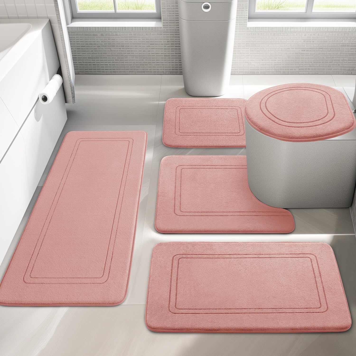 YIHOUSE Memory Foam Bath Mat Set, Bathroom Rugs Sets 3 Pieces, Non Slip Bath Mats for Bathroom, Super Soft and Water Absorbent Bath Rug Set, Machine Washable U Shape Toilet Rug,Beige