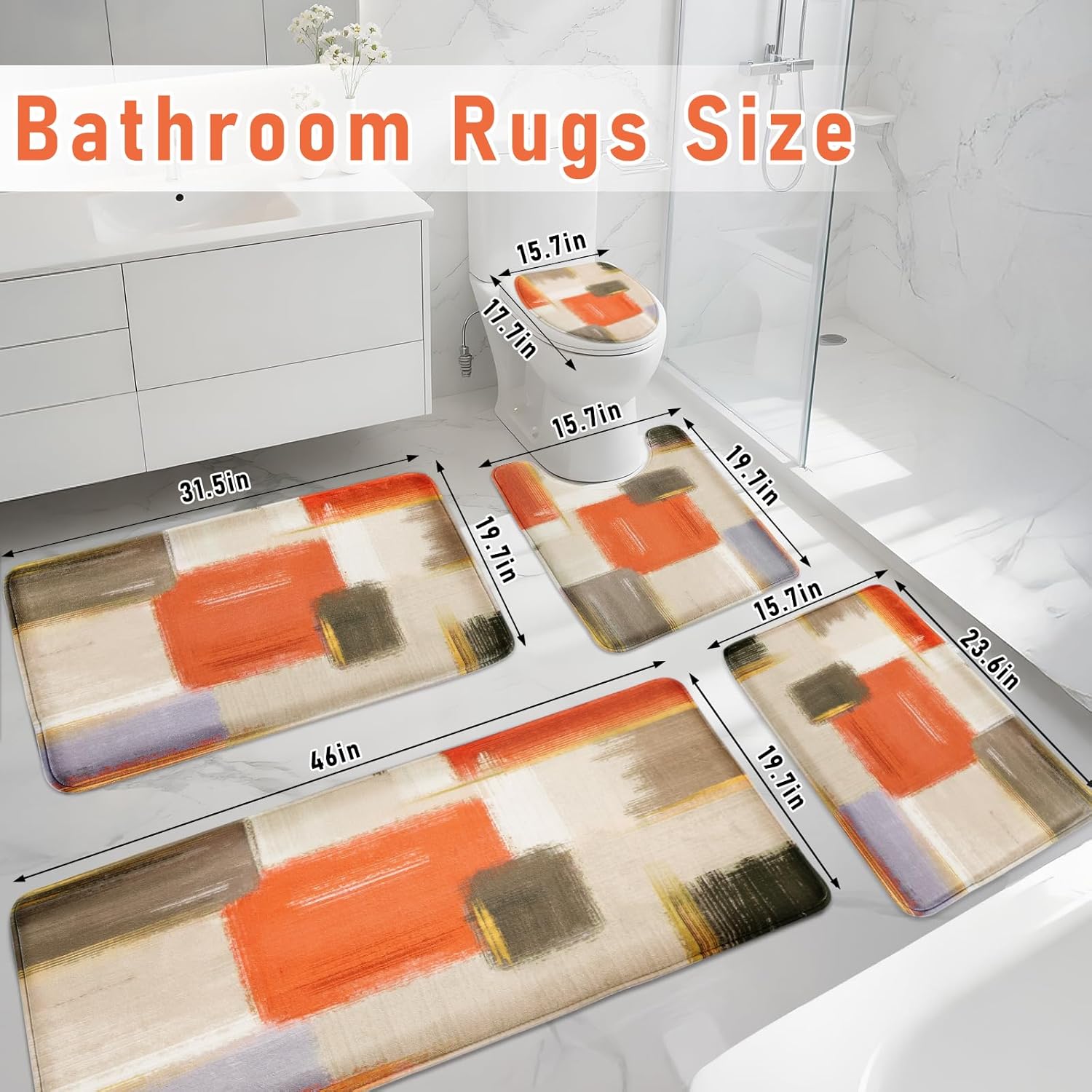 XLHOMO Orange Memory Foam Bathroom Rug Sets 5 Piece, Absorbent Non-Slip Bath Mat with Toilet Lid Cover for Bathroom, Extra Thick Water Absorbent Orange Bath Rugs for Tub, Toilet and Floor
