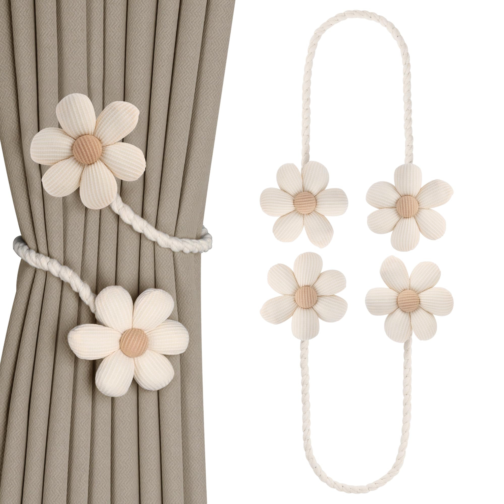 Meplait 6 Pack Flower Curtain Tiebacks Curtain Holdbacks, No Drill Boho Curtain Ties Handmade Cotton Linen Decorative Curtain Holders for Drapes (Beige & Khaki)