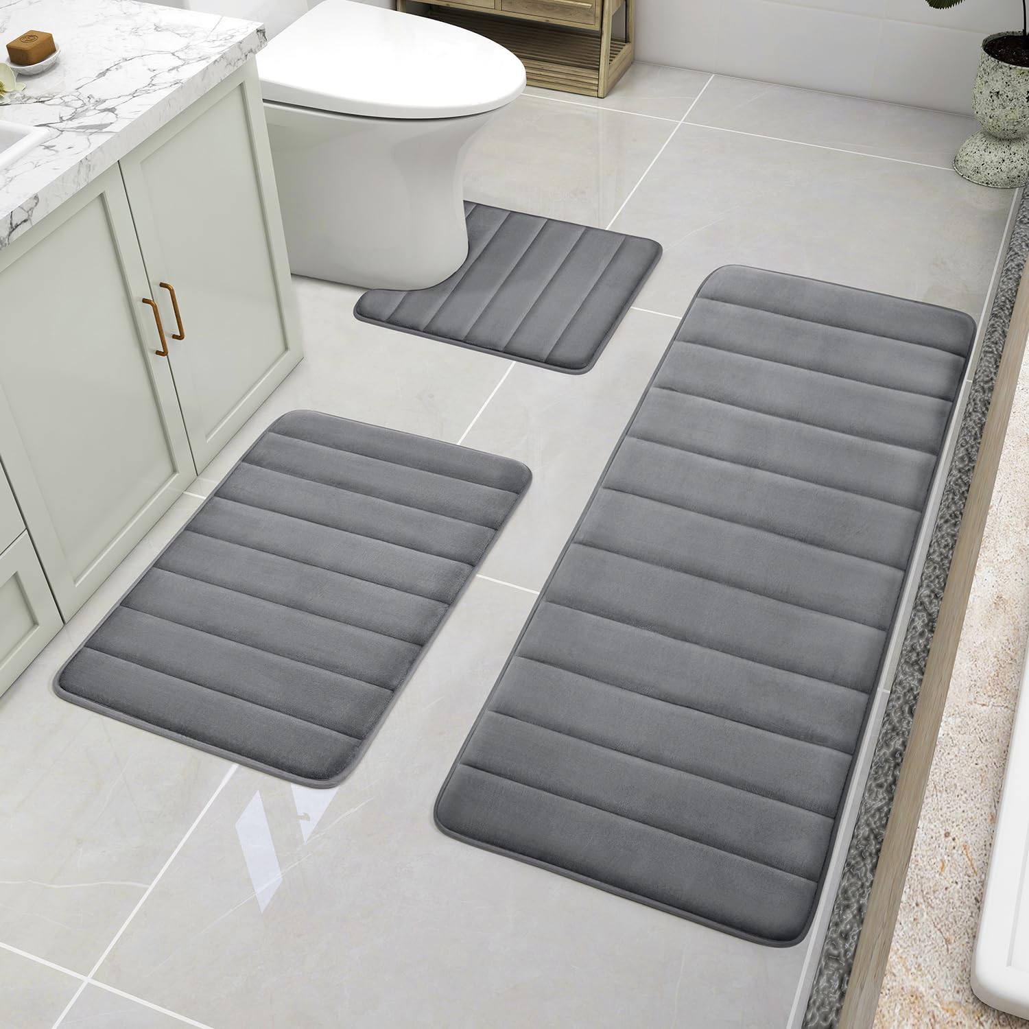 Black Memory Foam Bath Rug 3 Piece Set, Soft Absorbent Non-Slip & Washable