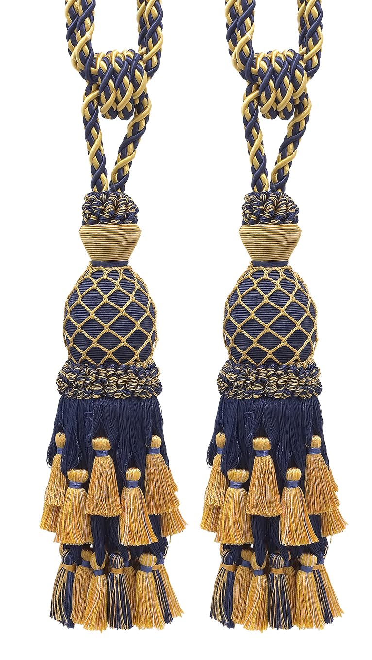 DÉCOPRO Lavish Large Curtain & Drapery, Hand Crafted Tassel Tieback, Tassel Length 11" (27.5cm), 34" (86cm) # TBIL1, Nautical Gold #1152 (Light Gold, Yellow Gold, Navy Blue) Set of 4