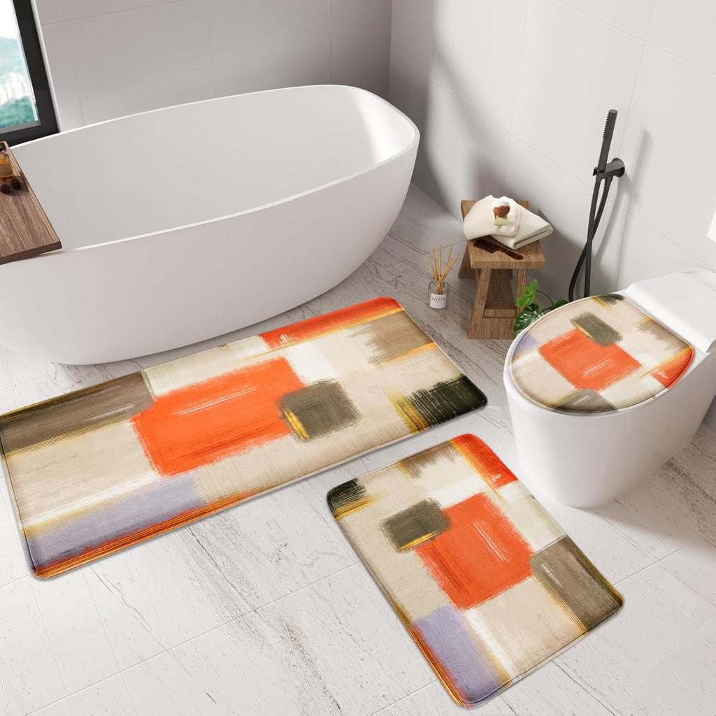 XLHOMO Orange Memory Foam Bathroom Rug Sets 5 Piece, Absorbent Non-Slip Bath Mat with Toilet Lid Cover for Bathroom, Extra Thick Water Absorbent Orange Bath Rugs for Tub, Toilet and Floor