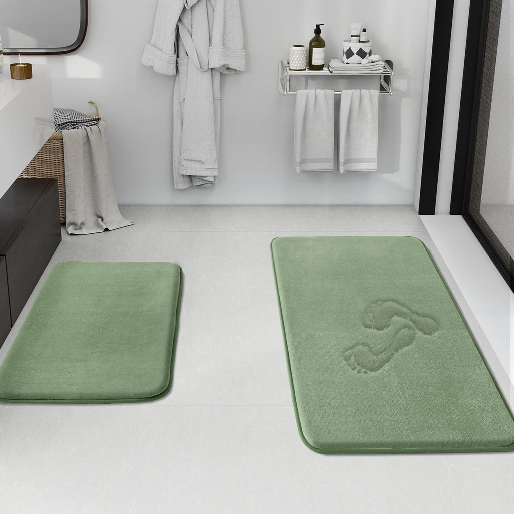 HUXMEYSON Bathroom Rugs Sets 3 Piece, Non-Slip & Quick Dry Bath Mat Set, Ultra Soft Velvet Bath Rugs for Bathroom, Toilet and Shower Floor, Grey Green