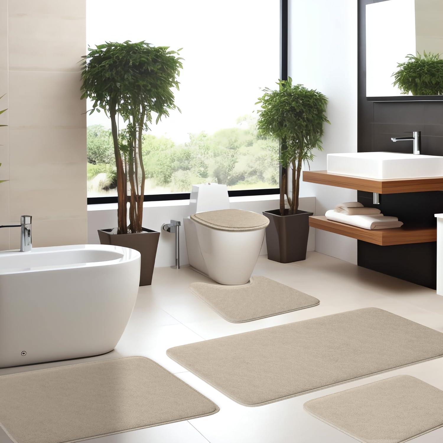 5-Piece Bathroom Rug Set - Memory Foam Bath Mats, Non-Slip, Ultra-Soft, Water Absorbent, Machine Washable Bathroom Rugs - Beige
