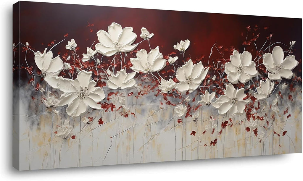 Lasdel Stretched Canvas Wall Art of White Flowers Plant Picture for Living Room Bedroom Home Decoration, Beautiful White and Red Premium Nature Print Artwork Painting Decor, Inner Frame 23x46 Inches