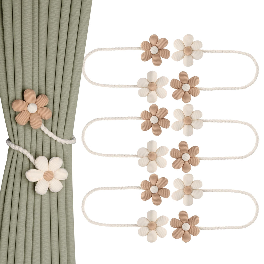 Meplait 6 Pack Flower Curtain Tiebacks Curtain Holdbacks, No Drill Boho Curtain Ties Handmade Cotton Linen Decorative Curtain Holders for Drapes (Beige & Khaki)