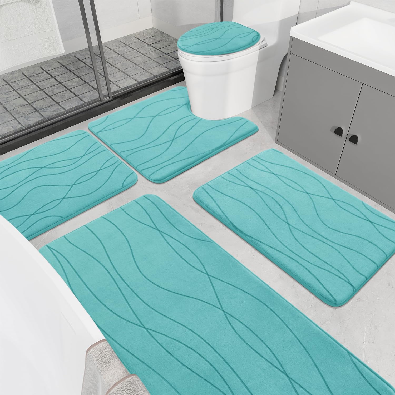 YIHOUSE Memory Foam Grey Bathroom Rug Sets 5 Piece, Ultra Absorbent Bath Mat for Bathroom - Non-Slip Machine Washable & Dry Quickly, 5 Piece Bathroom Mat Set, Dark Grey