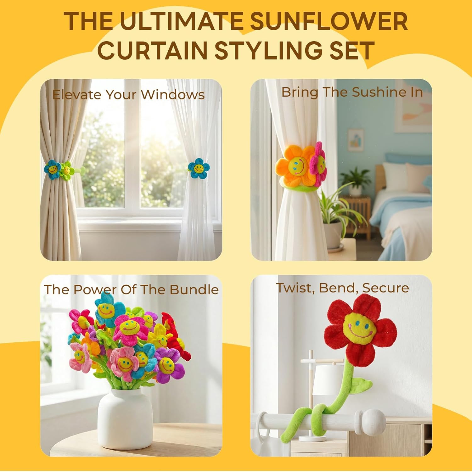 32 Pcs Plush Flower Curtain Tiebacks, Bendable Stem Outdoor Tiebacks, Sunflower Flower Tiebacks for Bedroom Curtains, Outdoor Curtain Tiebacks, Suitable for Bedroom Curtain Decoration