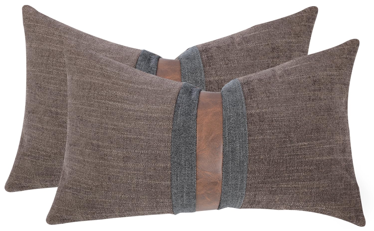 Set of 2 Leather Throw Pillow Covers Cotton Linen Decor Patchwork Pillow Cover Faux Leather Pillows Cover for Couch Sofa Living Room Bedroom,Beige 24"x24"