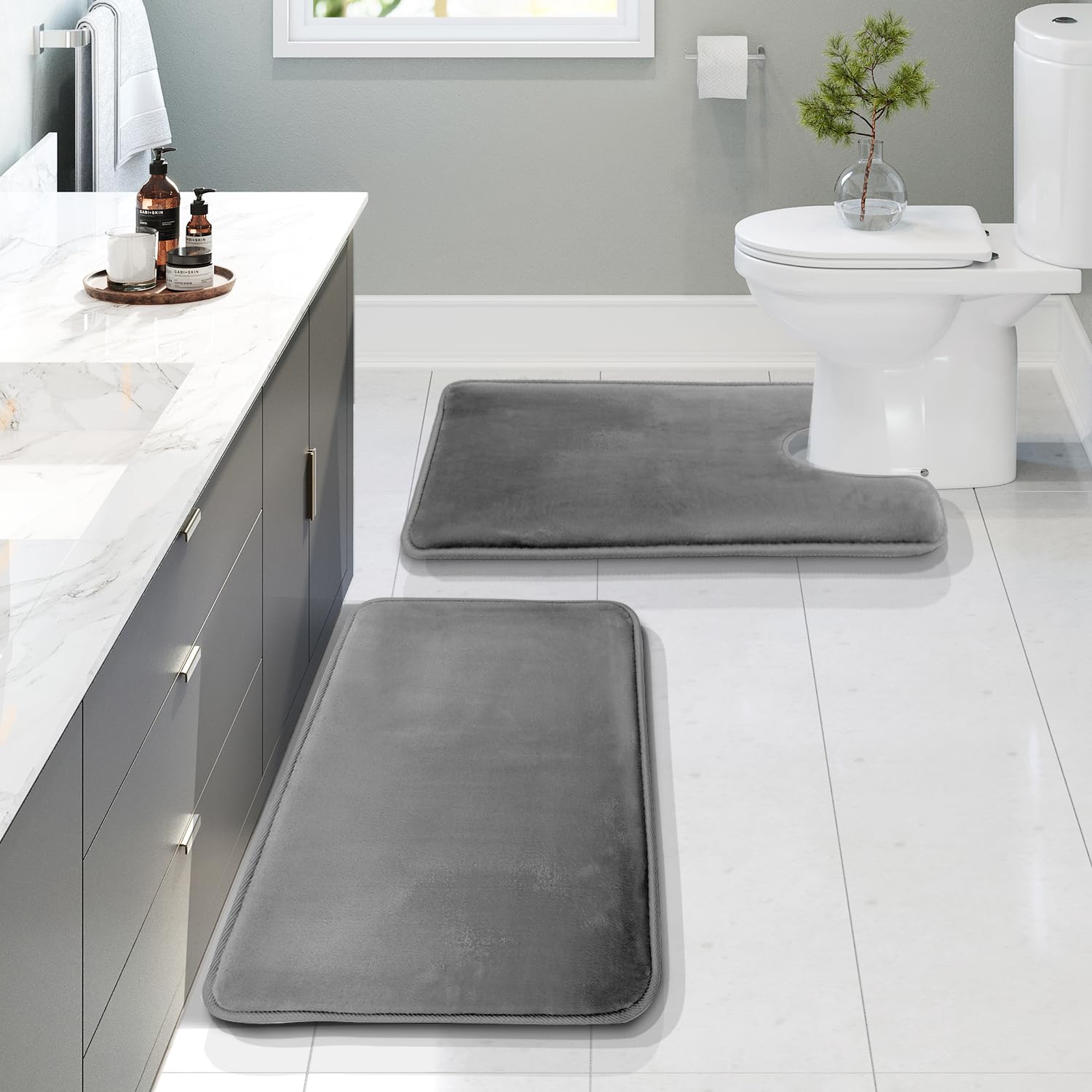 Clara Clark 3 Piece Bathroom Rugs Bath Mat Set, Velvet Memory Foam Bath Mats for Bathroom - Non-Slip, PVC Backing Bath Rugs, Washable - Dries Quickly, Grey