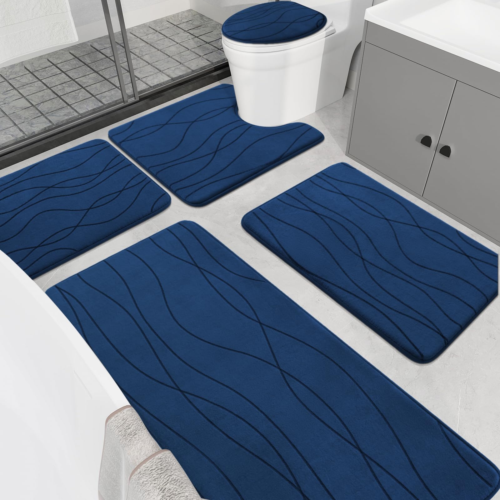 YIHOUSE Memory Foam Grey Bathroom Rug Sets 5 Piece, Ultra Absorbent Bath Mat for Bathroom - Non-Slip Machine Washable & Dry Quickly, 5 Piece Bathroom Mat Set, Dark Grey