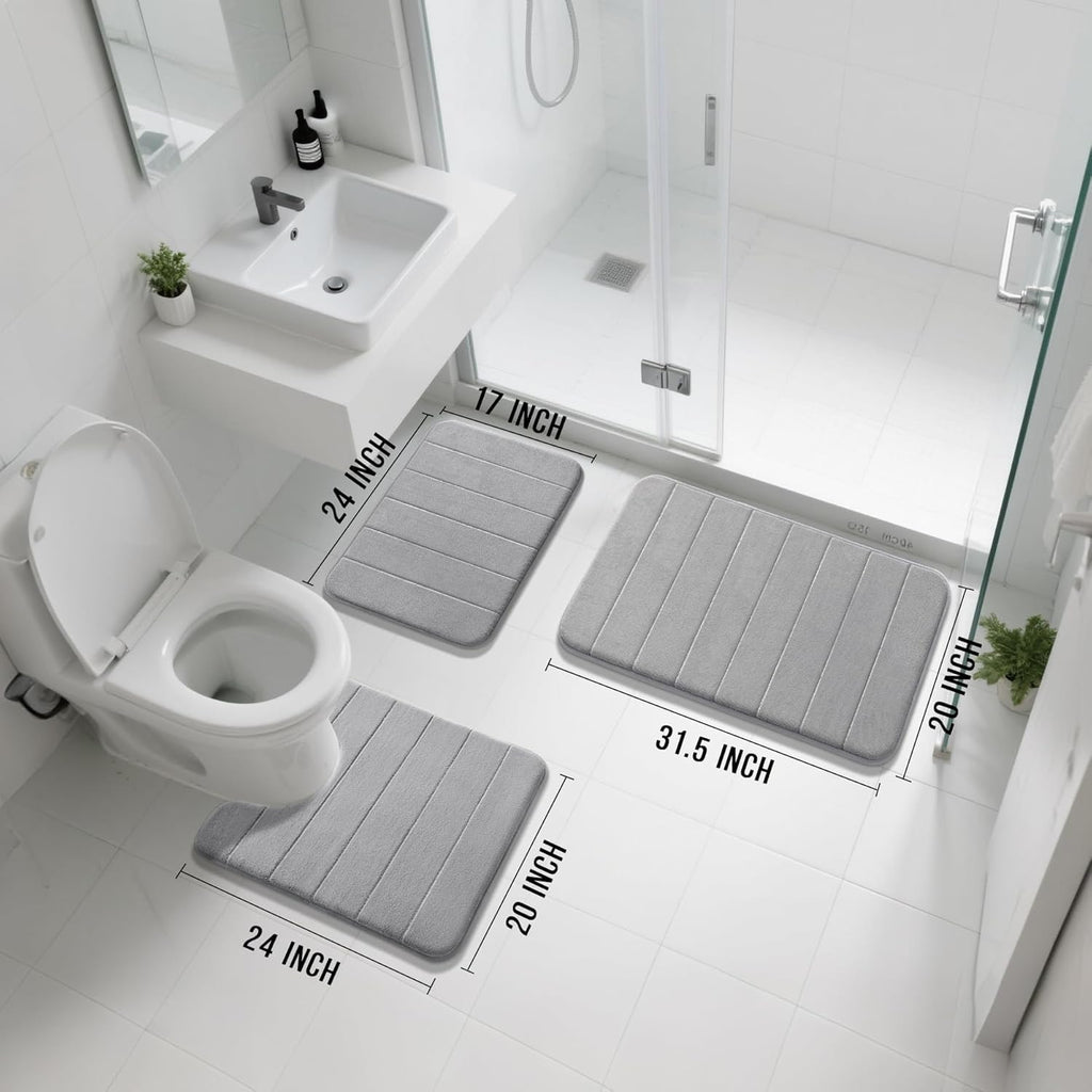 Yimobra Memory Foam Bath Mat Set 3 Pieces- Super Soft Absorbent Quick Dry Bathroom Rug Sets, Machine Washable Non Slip Floor Carpet for Tub Shower, Vanity & Toilet Base, Gray